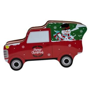 Merry Christmas Candy Gift Truck Tin Box Container Snowman Green Tree Red Car